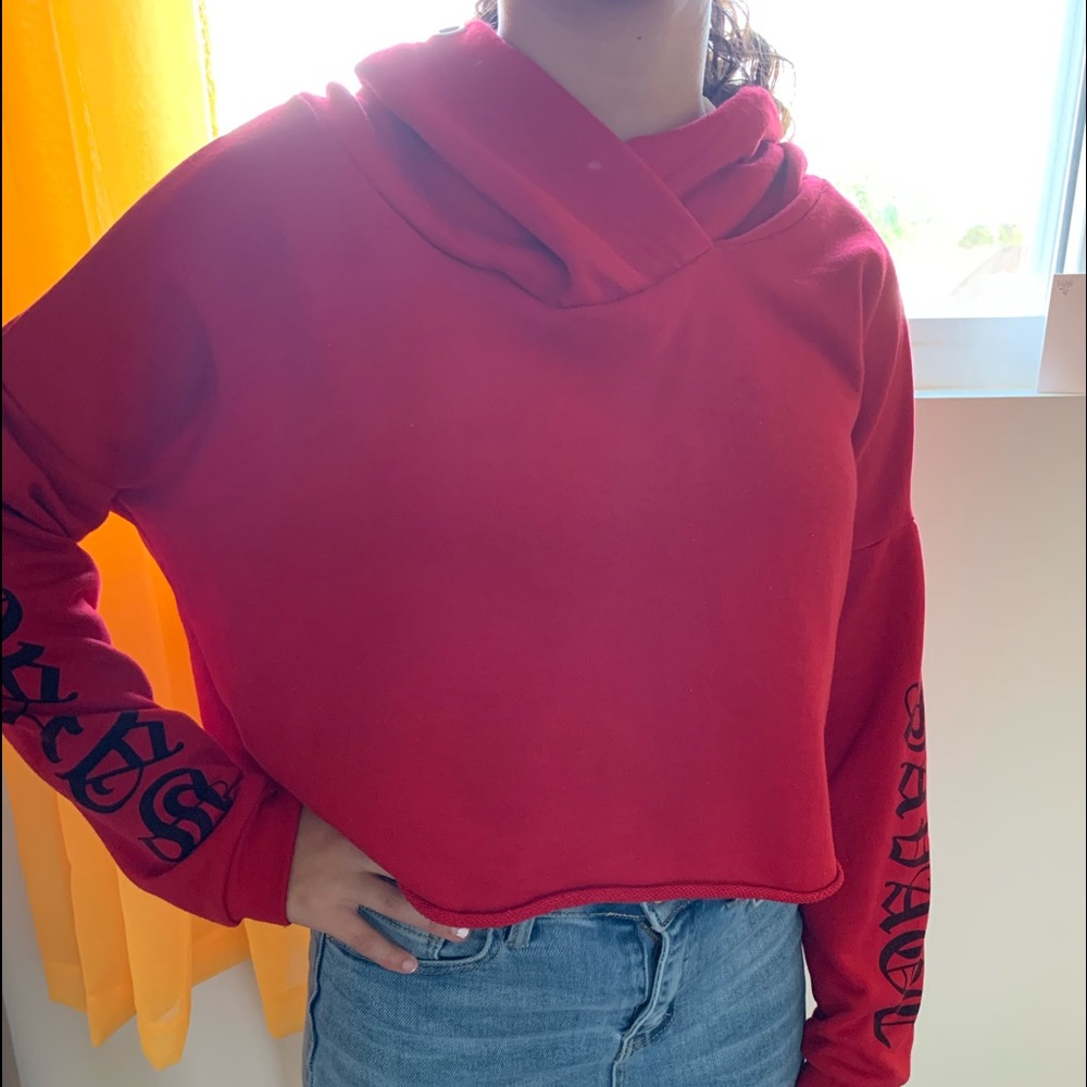 red hoodie/crop tip! with lettering on side.